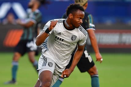 Jul 13, 2022; Carson, California, USA; San Jose Earthquakes forward Jeremy Ebobisse (11) celebrates his goal scored against the Los Angeles Galaxy during the first half at Dignity Health Sports Park. Mandatory Credit: Gary A. Vasquez-USA TODAY Sports