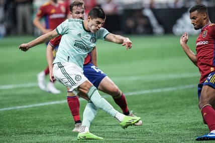 Jul 13, 2022; Atlanta, Georgia, USA; Atlanta United forward Ronaldo Cisneros (29) shoots against Real Salt Lake during the first half at Mercedes-Benz Stadium. Mandatory Credit: Dale Zanine-USA TODAY Sports