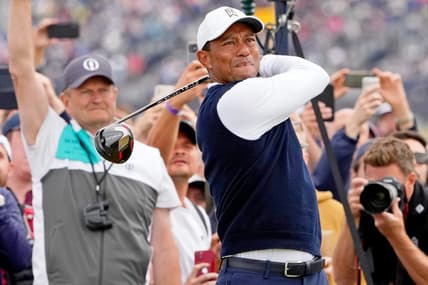 Jul 14, 2022; St. Andrews, SCT; Tiger Woods tees off on the fourth hole during the first round of the 150th Open Championship golf tournament at St. Andrews Old Course. Mandatory Credit: Michael Madrid-USA TODAY Sports