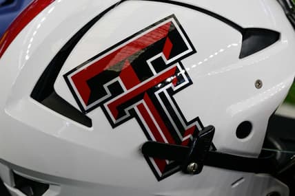Jul 14, 2022; Arlington, TX, USA; A view of the Texas Tech Red Raiders helmet logo during the Big 12 Media Day at AT&T Stadium. Mandatory Credit: Jerome Miron-USA TODAY Sports