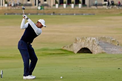 Jul 14, 2022; St. Andrews, SCT; Tiger Woods tees off on the 18th hole during the first round of the 150th Open Championship golf tournament at St. Andrews Old Course. Mandatory Credit: Michael Madrid-USA TODAY Sports