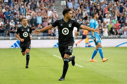 Jul 16, 2022; Saint Paul, Minnesota, USA; Minnesota United midfielder Emanuel Reynoso (10) celebrates after a goal against D.C. United in the first half at Allianz Field. Mandatory Credit: Matt Blewett-USA TODAY Sports