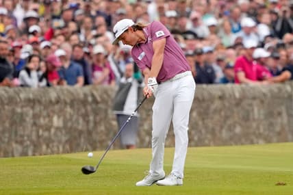 Jul 17, 2022; St. Andrews, SCT; Cameron Smith tees off on the 18th hole during the final round of the 150th Open Championship golf tournament at St. Andrews Old Course. Mandatory Credit: Michael Madrid-USA TODAY Sports