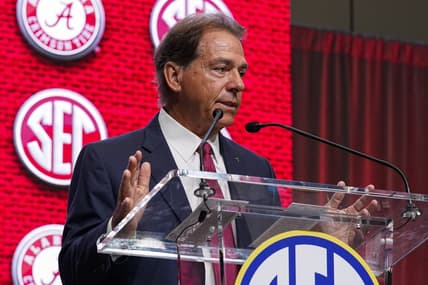 Jul 19, 2022; Atlanta, GA, USA; Alabama head coach Nick Saban talks to the media during SEC Media Days at the College Football Hall of Fame. Mandatory Credit: Dale Zanine-USA TODAY Sports