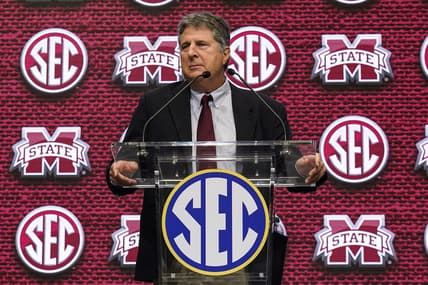 Jul 19, 2022; Atlanta, GA, USA; Mississippi State head coach Mike Leach shown on the stage during SEC Media Days at the College Football Hall of Fame. Mandatory Credit: Dale Zanine-USA TODAY Sports