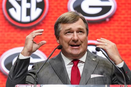 Jul 20, 2022; Atlanta, GA, USA; Georgia Bulldogs head coach Kirby Smart talks to the media during SEC Media Days at the College Football Hall of Fame. Mandatory Credit: Dale Zanine-USA TODAY Sports
