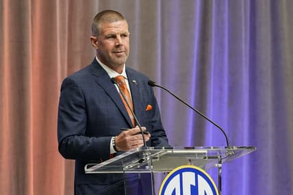 Jul 20, 2022; Atlanta, GA, USA; Florida Gators head coach Billy Napier talks from the stage during SEC Media Days at the College Football Hall of Fame. Mandatory Credit: Dale Zanine-USA TODAY Sports