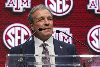 Jul 21, 2022; Atlanta, GA, USA; Texas A&M head coach Jimbo Fisher shown on the stage during SEC Media Days at the College Football Hall of Fame. Mandatory Credit: Dale Zanine-USA TODAY Sports
