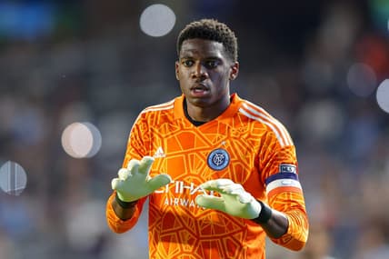 Jul 23, 2022; New York, New York, USA; New York City FC goalkeeper Sean Johnson (1) reacts during the second half against Inter Miami CF at Yankee Stadium. Mandatory Credit: Vincent Carchietta-USA TODAY Sports