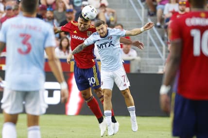 Jul 23, 2022; Sandy, Utah, USA; Real Salt Lake defender Marcelo Silva (30) and FC Dallas forward Paul Arriola (7) battle in the first half at Rio Tinto Stadium. Mandatory Credit: Jeffrey Swinger-USA TODAY Sports