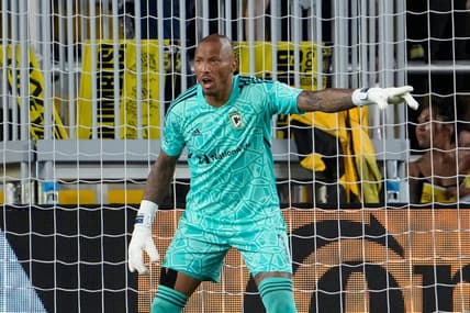 Jul 23, 2022; Columbus, Ohio, USA; Columbus Crew goalkeeper Eloy Room (1) motions from the goal during the second half of the MLS soccer game against the New England Revolution at Lower.com Field. Mandatory Credit: Adam Cairns-The Columbus Dispatch

Mls New England Revolution At Columbus Crew