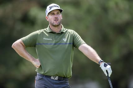 Jul 29, 2022; Detroit, Michigan, USA; Taylor Pendrith stands on the fourth tee box during the second round of the Rocket Mortgage Classic golf tournament. Mandatory Credit: Raj Mehta-USA TODAY Sports