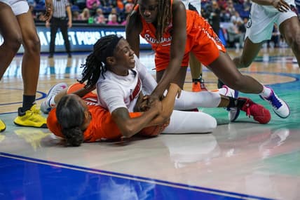 Mar 6, 2020; Greensboro, NC, UCA; Louisville Cardinals guard Jazmine Jones (23) tries to maintain possession against the Syracuse Orange during the first half at Greensboro Coliseum. Mandatory Credit: Jim Dedmon-USA TODAY Sports