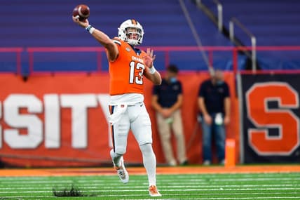 Oct 10, 2020; Syracuse, New York, USA; Syracuse Orange quarterback Tommy DeVito (13) passes the ball against the Duke Blue Devils during the second quarter at the Carrier Dome. Mandatory Credit: Rich Barnes-USA TODAY Sports