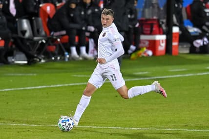Oct 28, 2020; Dallas, Texas, USA; Inter Miami midfielder Matias Pellegrini (11) looks downfield during the first half against FC Dallas at Toyota Stadium. Mandatory Credit: Tim Flores-USA TODAY Sports