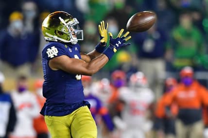 Nov 7, 2020; South Bend, Indiana, USA; Notre Dame Fighting Irish wide receiver Avery Davis (3) catches a pass in the fourth quarter against the Clemson Tigers at Notre Dame Stadium. Notre Dame defeated Clemson 47-40 in two overtimes. Mandatory Credit: Matt Cashore-USA TODAY Sports