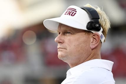 Sep 11, 2021; Louisville, Kentucky, USA; Eastern Kentucky Colonels head coach Walt Wells watches from the sideline during the first quarter against the Louisville Cardinals at Cardinal Stadium. Mandatory Credit: Jamie Rhodes-USA TODAY Sports