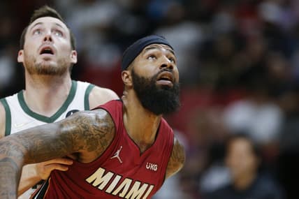 Oct 21, 2021; Miami, Florida, USA; Miami Heat forward Markieff Morris (8) covers Milwaukee Bucks guard Pat Connaughton (24) during the second quarter of the game at FTX Arena. Mandatory Credit: Sam Navarro-USA TODAY Sports
