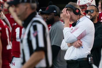 Oct 30, 2021; Lincoln, Nebraska, USA; Nebraska Cornhuskers head coach Scott Frost reacts after an interception by the Purdue Boilermakers during the fourth quarter at Memorial Stadium. Mandatory Credit: Dylan Widger-USA TODAY Sports