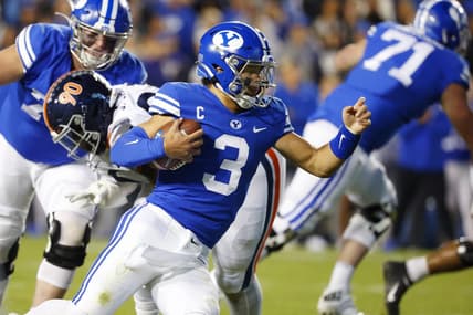 Oct 30, 2021; Provo, Utah, USA;  Brigham Young Cougars quarterback Jaren Hall (3) runs the ball in the first quarter against the Virginia Cavaliers at LaVell Edwards Stadium. Mandatory Credit: Jeffrey Swinger-USA TODAY Sports