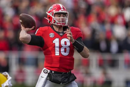 Nov 6, 2021; Athens, Georgia, USA; Georgia Bulldogs quarterback JT Daniels (18) passes the ball against the Missouri Tigers during the second half at Sanford Stadium. Mandatory Credit: Dale Zanine-USA TODAY Sports