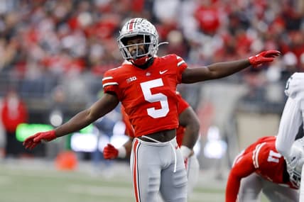 Nov 20, 2021; Columbus, Ohio, USA; Ohio State Buckeyes cornerback Marcus Williamson (5) celebrates the pass break up on third down during the second half against the Michigan State Spartans at Ohio Stadium. Mandatory Credit: Joseph Maiorana-USA TODAY Sports