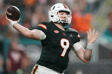Nov 20, 2021; Miami Gardens, Florida, USA; Miami Hurricanes quarterback Tyler Van Dyke (9) attempts a pass against the Virginia Tech Hokies during the second half at Hard Rock Stadium. Mandatory Credit: Jasen Vinlove-USA TODAY Sports