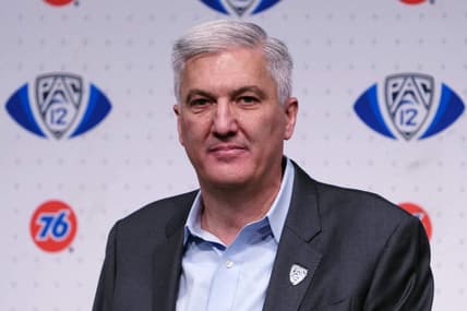 Dec 3, 2021; Las Vegas, NV, USA; Pac-12 commissioner George Kliavkoff speaks before the 2021 Pac-12 Championship Game between the Oregon Ducks and the Utah Utes at Allegiant Stadium. Mandatory Credit: Kirby Lee-USA TODAY Sports