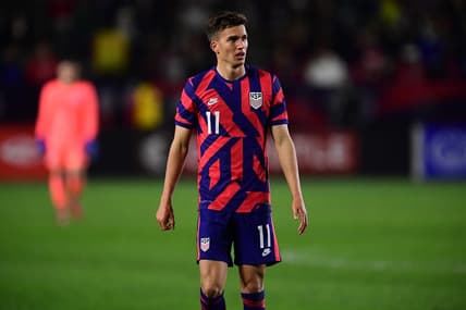 Dec 18, 2021; Carson, California, USA; USA forward Cole Bassett reacts against Bosnia & Herzegovina during an International Friendly Soccer match in the second half at Dignity Health Sports Park. Mandatory Credit: Gary A. Vasquez-USA TODAY Sports