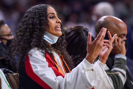 Feb 27, 2022; South Bend, Indiana, USA; WNBA and former Notre Dame player Skylar Diggins-Smith watches in the first half of the game between the Notre Dame Fighting Irish and the Louisville Cardinals at the Purcell Pavilion. Mandatory Credit: Matt Cashore-USA TODAY Sports