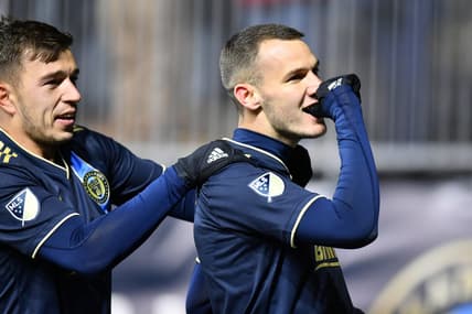 Mar 12, 2022; Philadelphia, Pennsylvania, USA; Philadelphia Union midfielder Daniel Gazdag (6) celebrates a goal in the second half against the San Jose Earthquakes at Subaru Park. Mandatory Credit: Kyle Ross-USA TODAY Sports