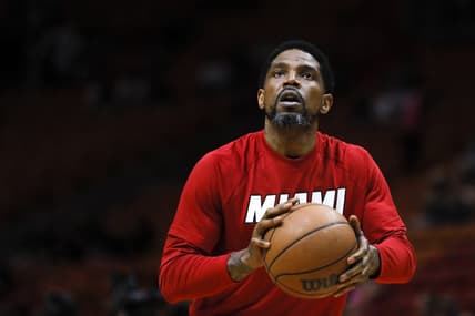 Mar 28, 2022; Miami, Florida, USA; Miami Heat forward Udonis Haslem (40) shoots the basketball prior to the game against the Sacramento Kings at FTX Arena. Mandatory Credit: Sam Navarro-USA TODAY Sports