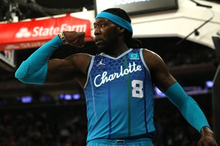 Mar 30, 2022; New York, New York, USA; Charlotte Hornets center Montrezl Harrell (8) reacts after a dunk and a foul against the New York Knicks during the second quarter at Madison Square Garden. Mandatory Credit: Brad Penner-USA TODAY Sports