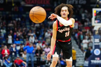 Apr 7, 2022; New Orleans, Louisiana, USA; Portland Trail Blazers forward CJ Elleby (16) passes the ball against the New Orleans Pelicans during the first quarter at Smoothie King Center. Mandatory Credit: Andrew Wevers-USA TODAY Sports