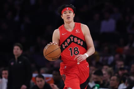 Apr 10, 2022; New York, New York, USA; Toronto Raptors forward Yuta Watanabe (18) dribbles up court  against the New York Knicks during the first half at Madison Square Garden. Mandatory Credit: Vincent Carchietta-USA TODAY Sports