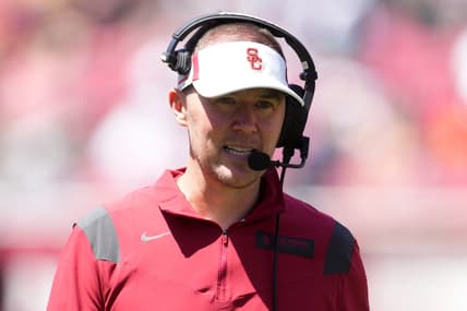 Apr 23, 2022; Los Angeles, CA, USA; Southern California Trojans coach Lincoln Riley during the spring game at the Los Angeles Memorial Coliseum. Mandatory Credit: Kirby Lee-USA TODAY Sports