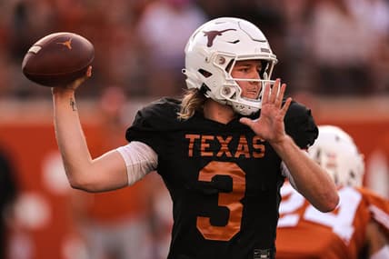 April 23, 2022; Austin, TX, USA; Texas quarterback Quinn Ewers (3) throws a pass during Texas's annual spring football game at Royal Memorial Stadium in Austin, Texas on April 23, 2022. Mandatory Credit: Aaron E. Martinez-USA TODAY NETWORK