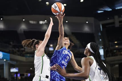 Jun 26, 2022; Chicago, Illinois, USA; Chicago Sky forward Candace Parker (3) shoots against the Minnesota Lynx during the first half of a WNBA game at Wintrust Arena. Mandatory Credit: Kamil Krzaczynski-USA TODAY Sports