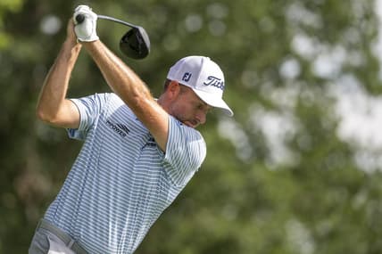 Jun 30, 2022; Silvis, Illinois, USA; Webb Simpson of Charlotte North Carolina tees off on the 15th hole during the first round of the John Deere Classic golf tournament. Mandatory Credit: Marc Lebryk-USA TODAY Sports