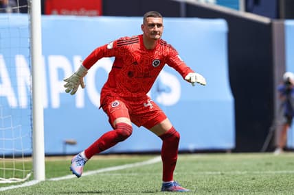 Jul 9, 2022; New York, New York, USA; New England Revolution goalkeeper Djordje Petrovic (99) follows the ball during the second half against New York City FC at Yankee Stadium. Mandatory Credit: Vincent Carchietta-USA TODAY Sports