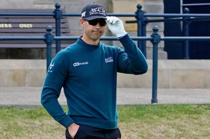 Jul 14, 2022; St. Andrews, SCT; Cameron Tringale reacts before teeing off on the first hole during the first round of the 150th Open Championship golf tournament at St. Andrews Old Course. Mandatory Credit: Michael Madrid-USA TODAY Sports