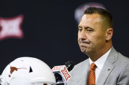 Jul 14, 2022; Arlington, TX, USA; Texas Longhorns head coach Steve Sarkisian is interviewed during the Big 12 Media Day at AT&T Stadium. Mandatory Credit: Jerome Miron-USA TODAY Sports