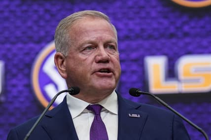 Jul 18, 2022; Atlanta, GA, USA; LSU Tigers head coach Brian Kelly speaks to the media  during SEC Media Days at the College Football Hall of Fame. Mandatory Credit: Dale Zanine-USA TODAY Sports