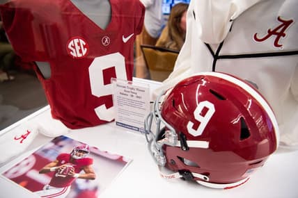 July 19, 2022; Atlanta,GA, USA; Bryce Young memorabilia is on display during SEC Media Days at the College Football Hall of Fame in Atlanta Tuesday, July 19, 2022. Gary Cosby Jr.-The Tuscaloosa News

Alabama At Sec Media Days
