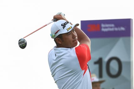 Jul 21, 2022; Blaine, Minnesota, USA; Hideki Matsuyama tees of on the 10th hole during the first round of the 3M Open golf tournament. Mandatory Credit: Matt Krohn-USA TODAY Sports