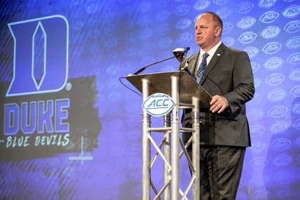 Jul 21, 2022; Charlotte, NC, USA; Duke Head Coach Mike Elko talks to the media during the second day of ACC Media Days at the Westin Hotel in Charlotte, NC. Mandatory Credit: Jim Dedmon-USA TODAY Sports