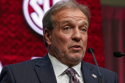 Jul 21, 2022; Atlanta, GA, USA; Texas A&M head coach Jimbo Fisher shown on the stage during SEC Media Days at the College Football Hall of Fame. Mandatory Credit: Dale Zanine-USA TODAY Sports