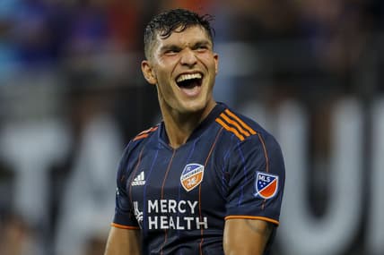 Jul 23, 2022; Cincinnati, Ohio, USA; FC Cincinnati forward Brandon Vazquez (19) reacts after scoring a goal against Nashville SC in the second half at TQL Stadium. Mandatory Credit: Katie Stratman-USA TODAY Sports