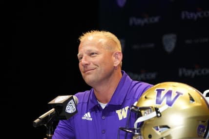 Jul 29, 2022; Los Angeles, CA, USA; Washington Huskies coach Kalen DeBoer speaks during Pac-12 Media Day at Novo Theater. Mandatory Credit: Kirby Lee-USA TODAY Sports