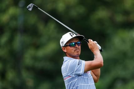 Rickie Fowler tees on the ninth hole during Round 2 of the Rocket Mortgage Classic at the Detroit Golf Club in Detroit on Friday, July 29, 2022.